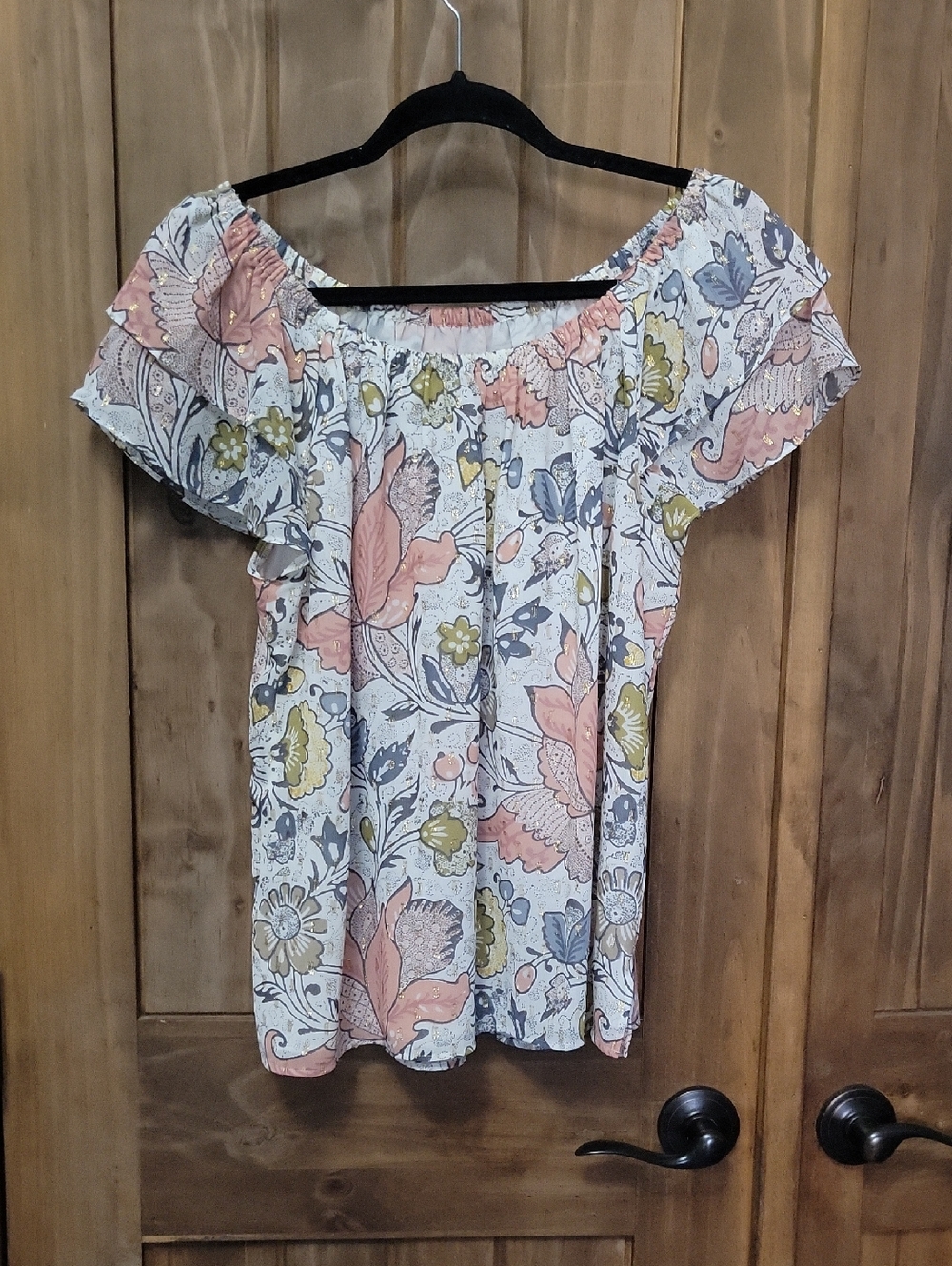 Floral Off-Shoulder Women’s Top in Peach & Gray